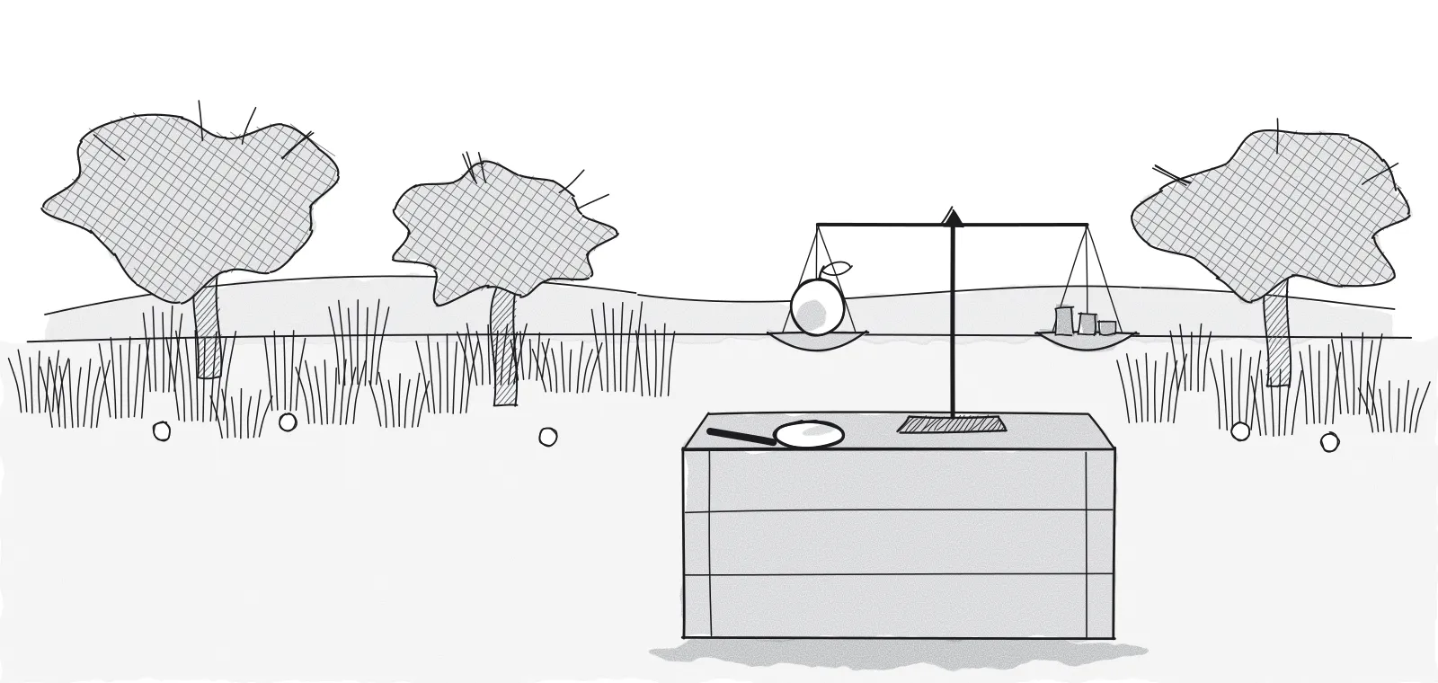 Ink cartoon of a single apple on a precision balance on a crate, a magnifying glass beside it, in front of an overgrown orchard full of weeds and fallen apples.