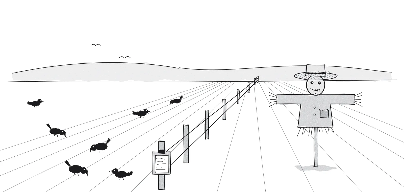 Ink cartoon of two fields split by a fence with a clipboard on the nearest post: crows feed in the left field, a scarecrow stands alone in the right one.