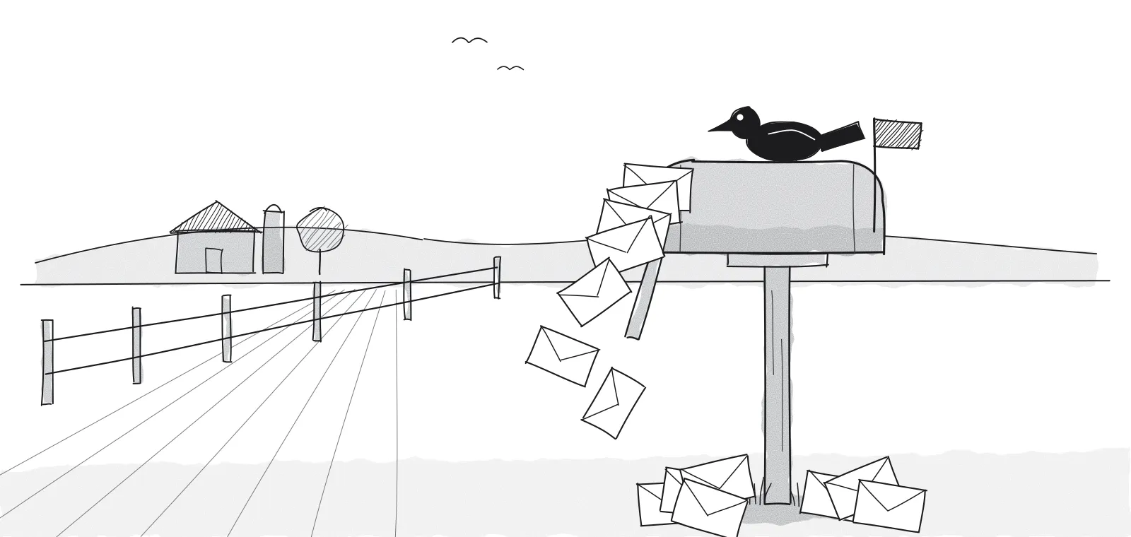 Ink cartoon of a rural mailbox on a post, stuffed with envelopes that spill onto the ground while a crow on top looks down at them.
