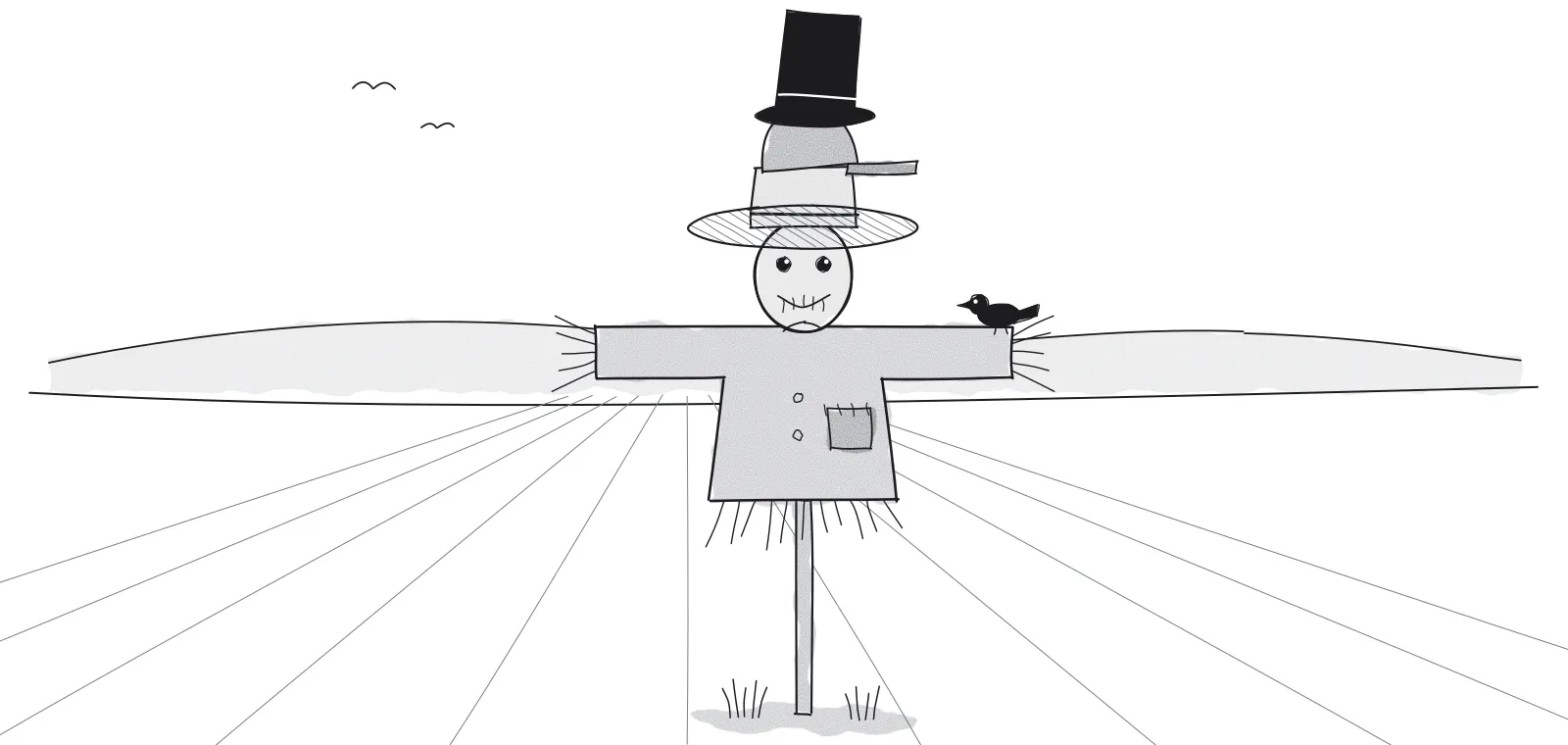 Ink cartoon of a scarecrow in a ploughed field wearing a straw hat, a cap and a top hat stacked on top of each other, with a crow on its arm.